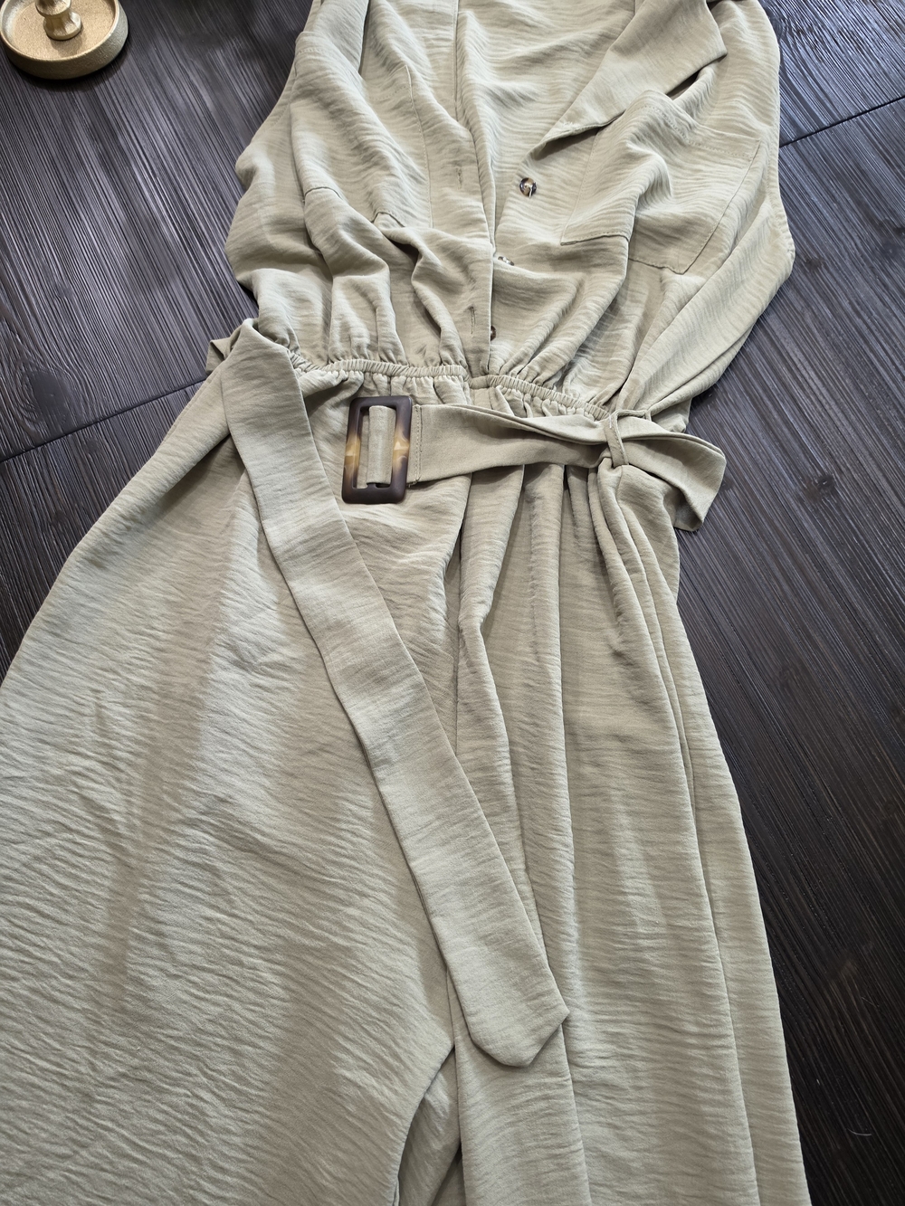 Sage Green Belted Wrap Midi Dress with Tortoiseshell Buckle